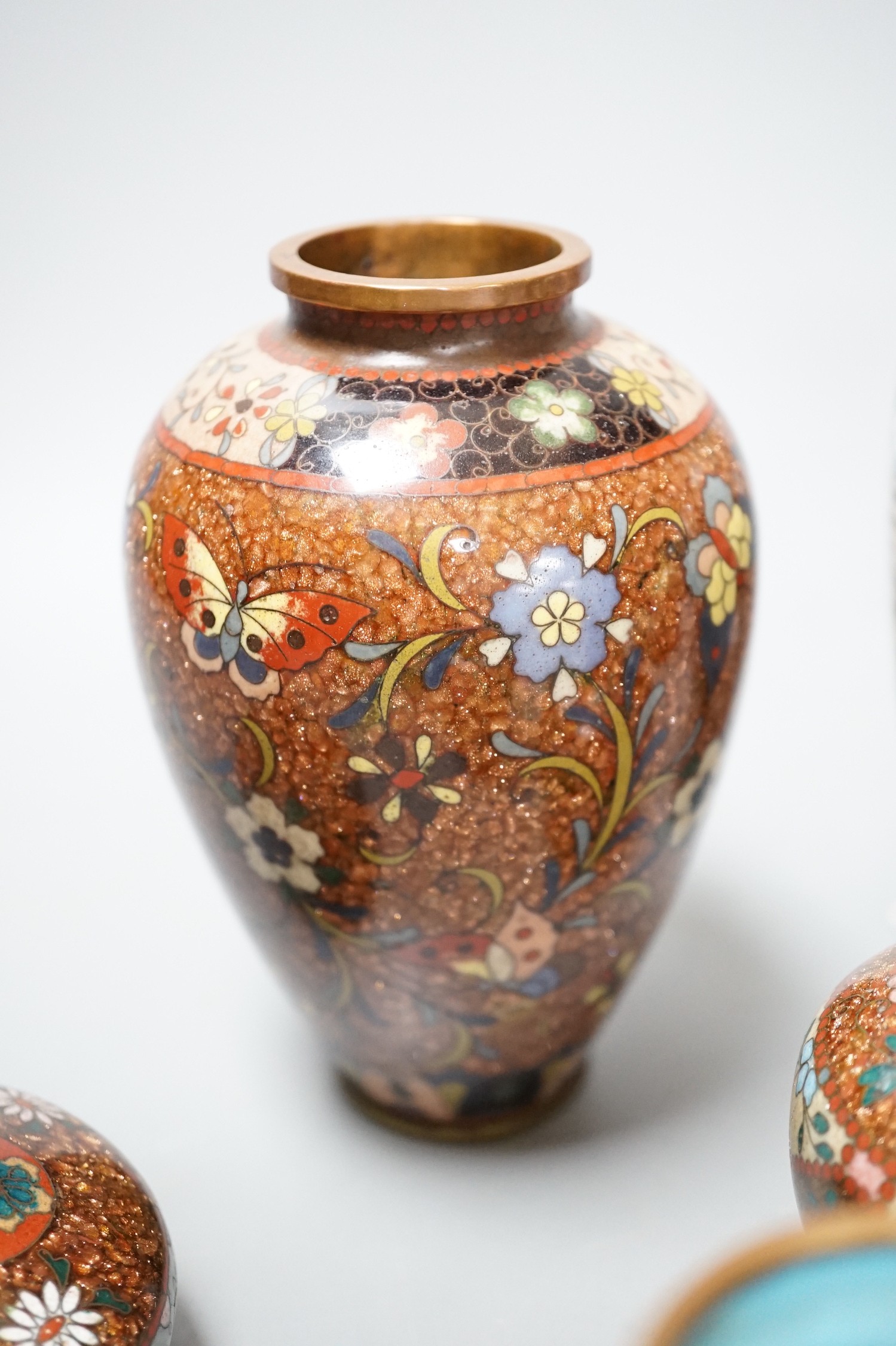 An assortment Japanese cloisonné enamel and metal wares, largest vase 18.5cm high